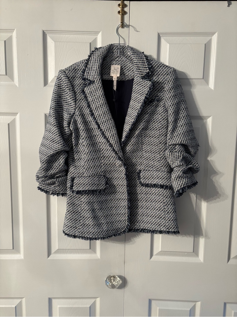 cinq a sept Black & White Tweed Frayed-Trim Blazer